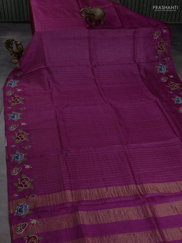Pure tussar silk saree magenta pink with allover zari checks & buttas and convent embroidery border