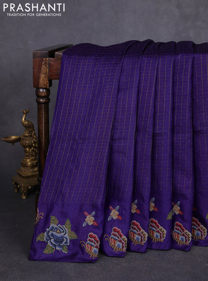 Pure tussar silk saree violet with allover zari checks & buttas and convent embroidery border