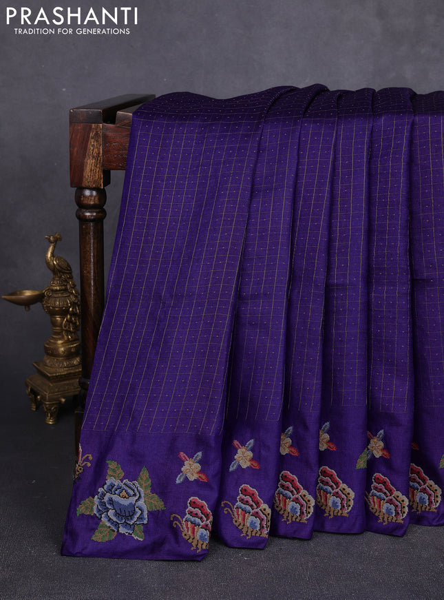Pure tussar silk saree violet with allover zari checks & buttas and convent embroidery border