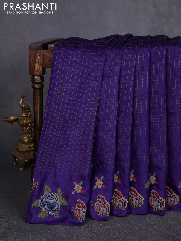Pure tussar silk saree violet with allover zari checks & buttas and convent embroidery border