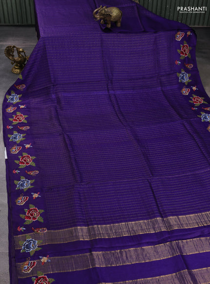 Pure tussar silk saree violet with allover zari checks & buttas and convent embroidery border