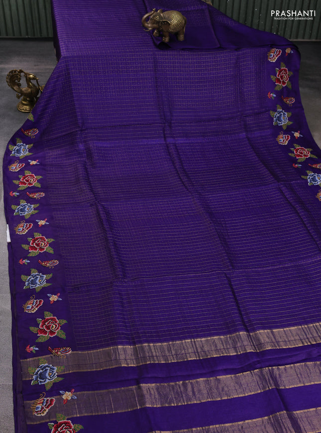 Pure tussar silk saree violet with allover zari checks & buttas and convent embroidery border