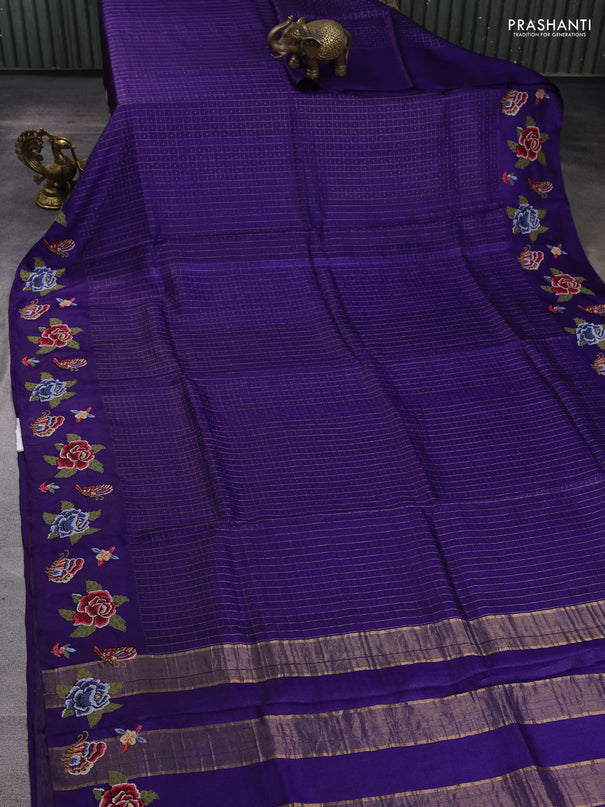 Pure tussar silk saree violet with allover zari checks & buttas and convent embroidery border