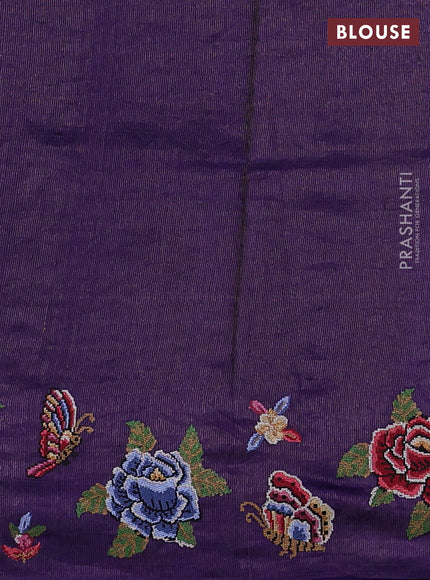 Pure tussar silk saree violet with allover zari checks & buttas and convent embroidery border