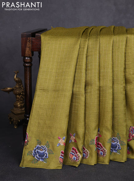 Pure tussar silk saree mehendi green with allover zari checks & buttas and convent embroidery border