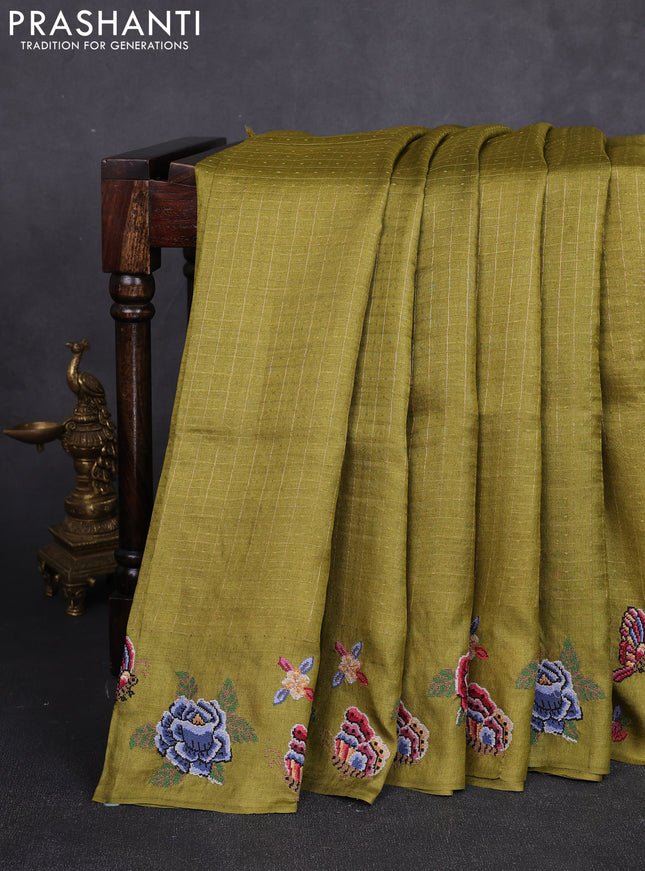 Pure tussar silk saree mehendi green with allover zari checks & buttas and convent embroidery border