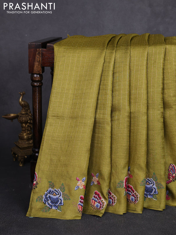 Pure tussar silk saree mehendi green with allover zari checks & buttas and convent embroidery border