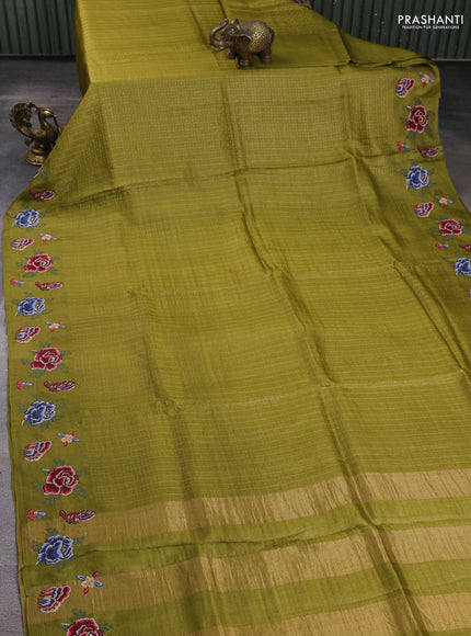 Pure tussar silk saree mehendi green with allover zari checks & buttas and convent embroidery border