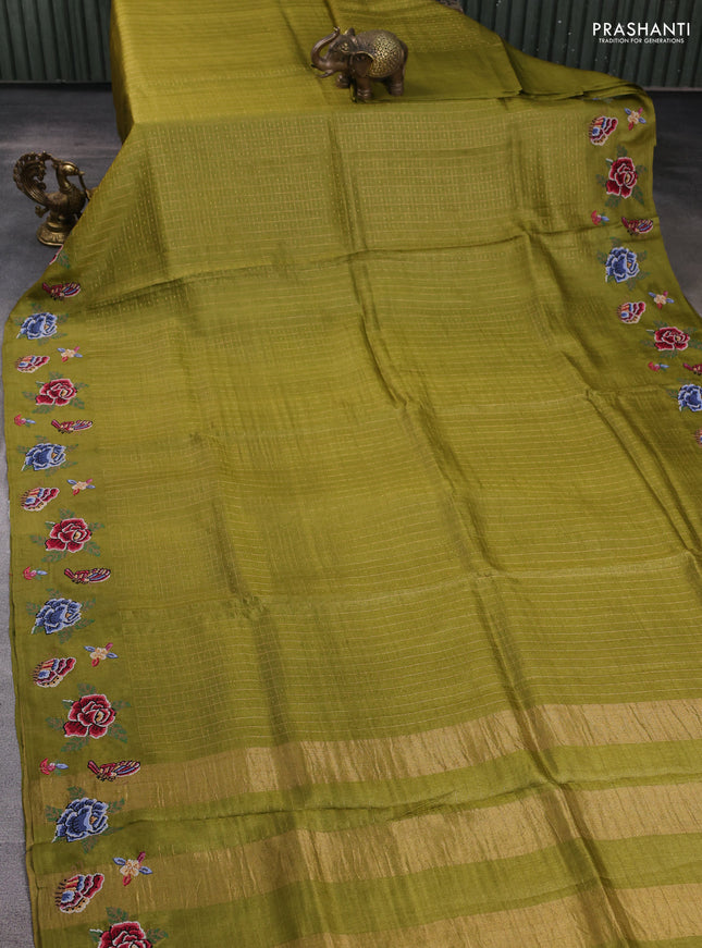 Pure tussar silk saree mehendi green with allover zari checks & buttas and convent embroidery border