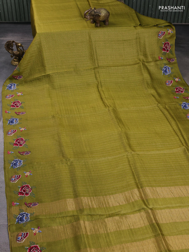 Pure tussar silk saree mehendi green with allover zari checks & buttas and convent embroidery border