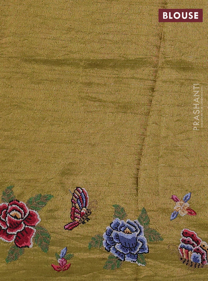 Pure tussar silk saree mehendi green with allover zari checks & buttas and convent embroidery border
