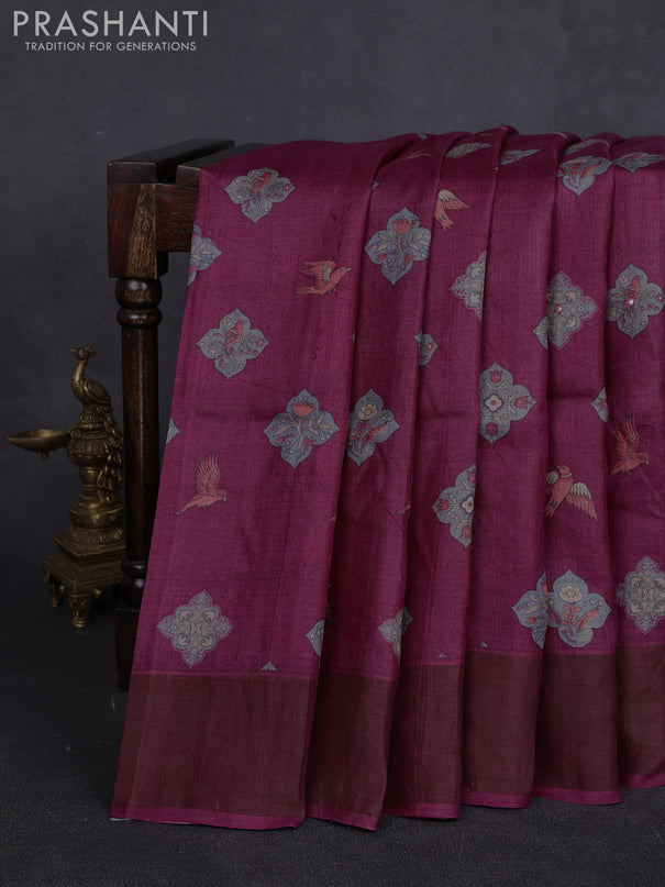 Pure tussar silk saree dark pink with allover butta prints & mirror work and cut work pallu