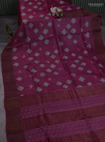 Pure tussar silk saree dark pink with allover butta prints & mirror work and cut work pallu
