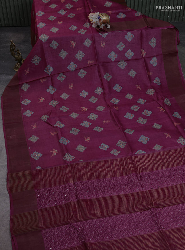 Pure tussar silk saree dark pink with allover butta prints & mirror work and cut work pallu