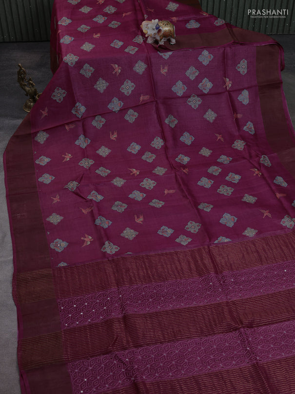 Pure tussar silk saree dark pink with allover butta prints & mirror work and cut work pallu
