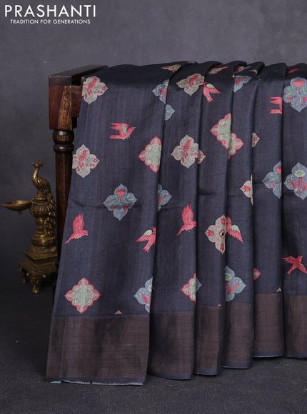 Pure tussar silk saree black with allover butta prints & mirror work and cut work pallu