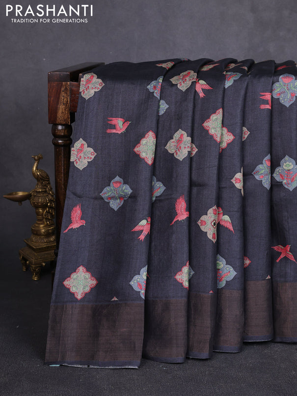 Pure tussar silk saree black with allover butta prints & mirror work and cut work pallu