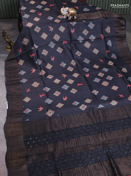 Pure tussar silk saree black with allover butta prints & mirror work and cut work pallu