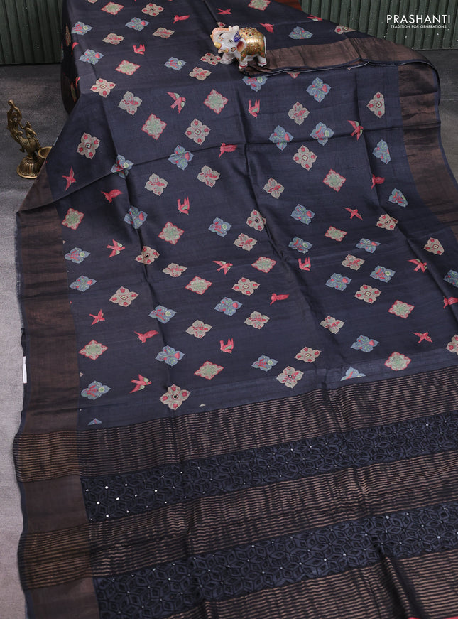 Pure tussar silk saree black with allover butta prints & mirror work and cut work pallu
