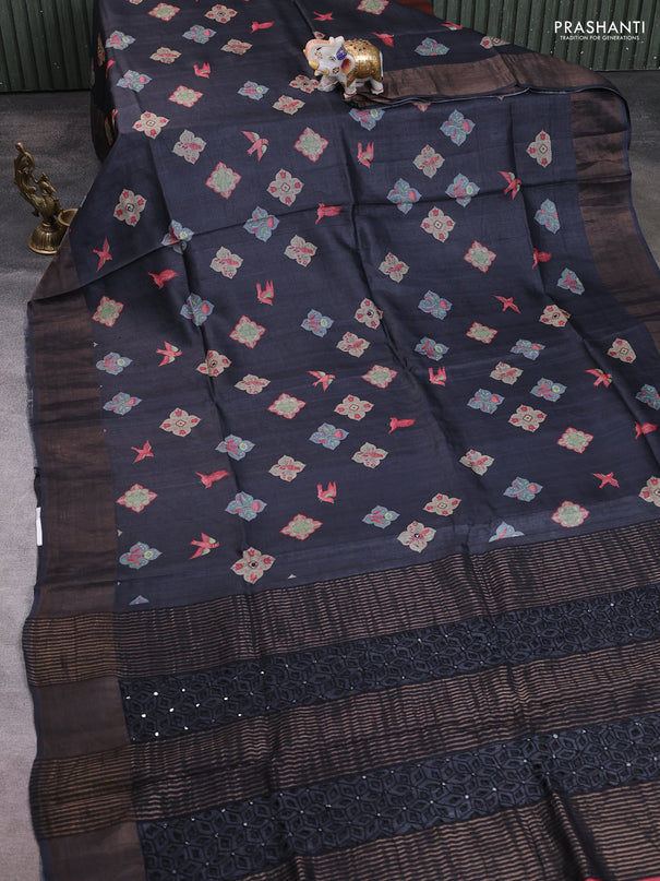 Pure tussar silk saree black with allover butta prints & mirror work and cut work pallu
