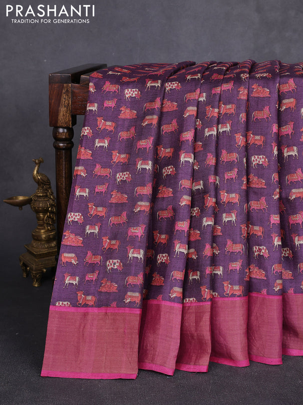 Pure tussar silk saree wine shade with allover pichwai prints & mirror work and cut work pallu