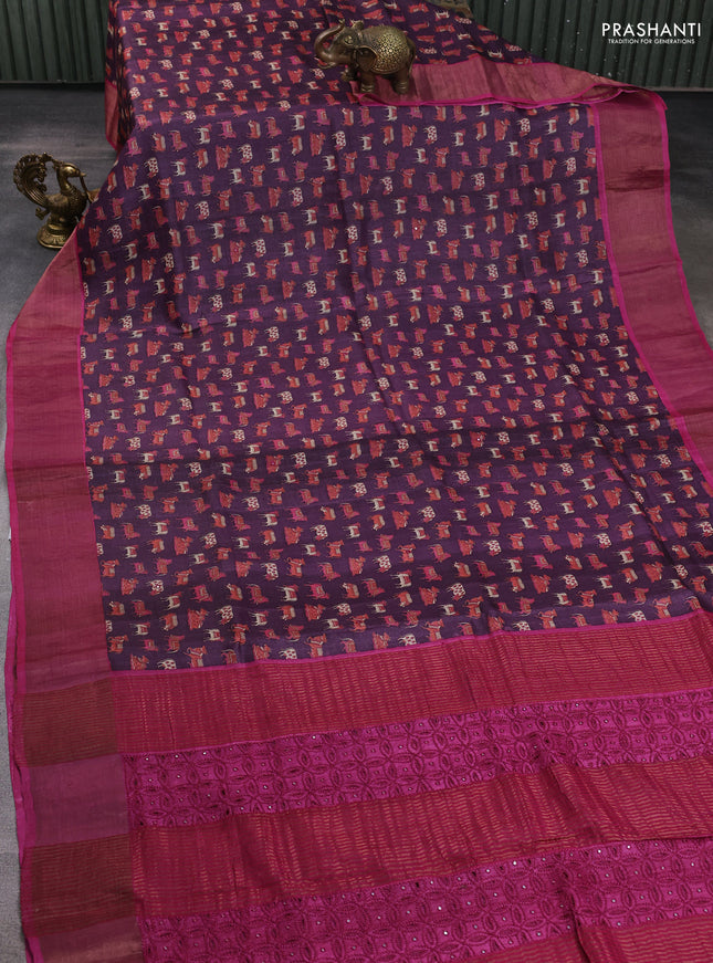 Pure tussar silk saree wine shade with allover pichwai prints & mirror work and cut work pallu