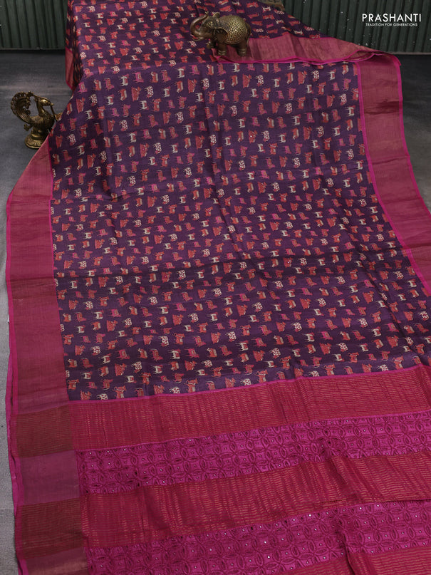Pure tussar silk saree wine shade with allover pichwai prints & mirror work and cut work pallu