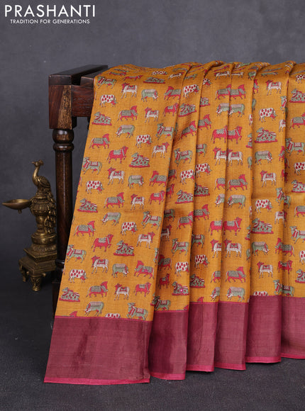 Pure tussar silk saree mustard yellow and maroon with allover pichwai prints & mirror work and cut work pallu