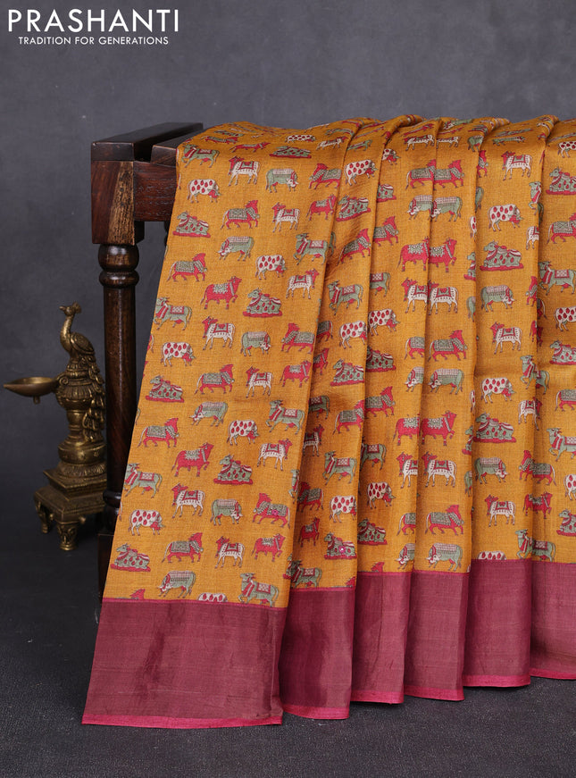 Pure tussar silk saree mustard yellow and maroon with allover pichwai prints & mirror work and cut work pallu