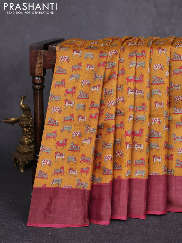 Pure tussar silk saree mustard yellow and maroon with allover pichwai prints & mirror work and cut work pallu