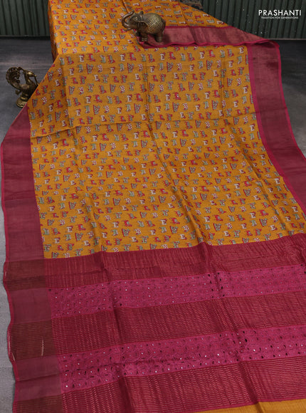 Pure tussar silk saree mustard yellow and maroon with allover pichwai prints & mirror work and cut work pallu