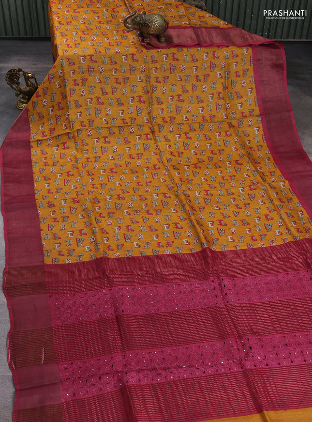 Pure tussar silk saree mustard yellow and maroon with allover pichwai prints & mirror work and cut work pallu