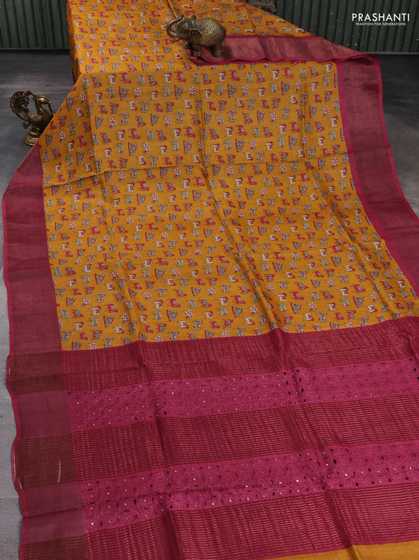 Pure tussar silk saree mustard yellow and maroon with allover pichwai prints & mirror work and cut work pallu