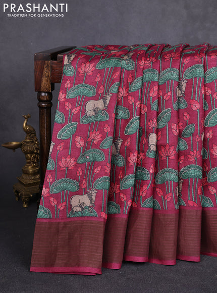 Pure tussar silk saree wine shade and red with allover pichwai prints & mirror work and cut work pallu
