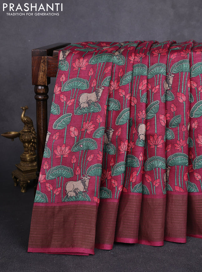 Pure tussar silk saree wine shade and red with allover pichwai prints & mirror work and cut work pallu