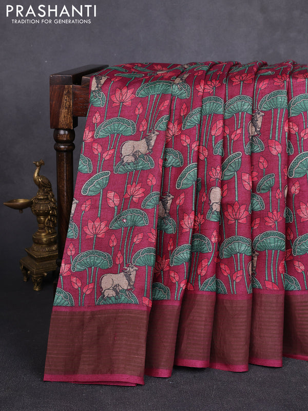 Pure tussar silk saree wine shade and red with allover pichwai prints & mirror work and cut work pallu