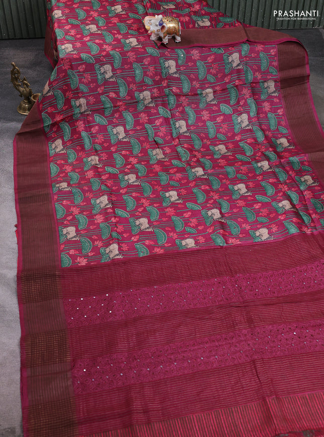 Pure tussar silk saree wine shade and red with allover pichwai prints & mirror work and cut work pallu