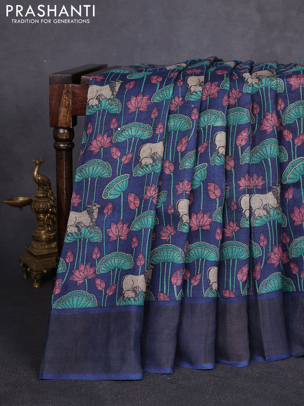 Pure tussar silk saree navy blue and red with allover pichwai prints & mirror work and cut work pallu
