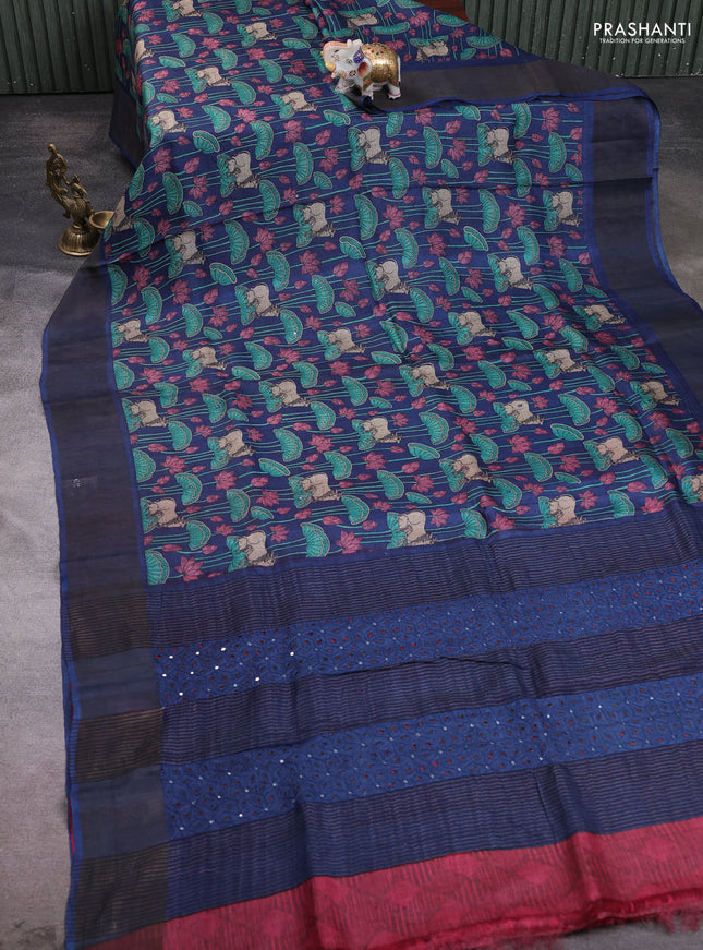 Pure tussar silk saree navy blue and red with allover pichwai prints & mirror work and cut work pallu