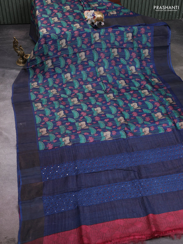 Pure tussar silk saree navy blue and red with allover pichwai prints & mirror work and cut work pallu