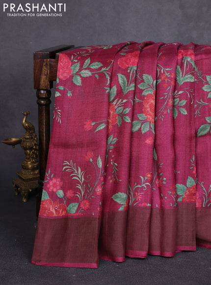 Pure tussar silk saree wine shade with allover floral prints & mirror work and cut work pallu