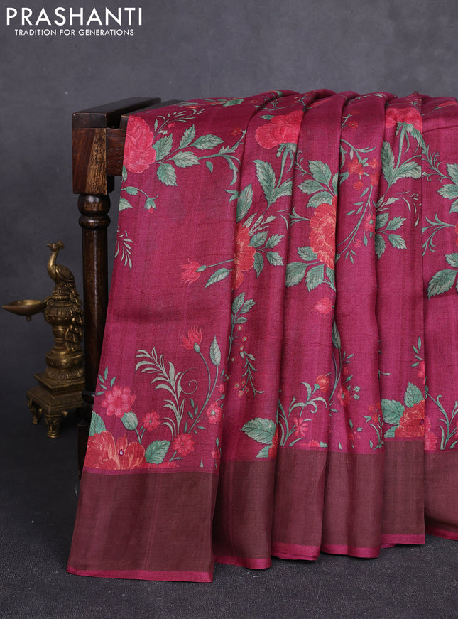 Pure tussar silk saree wine shade with allover floral prints & mirror work and cut work pallu