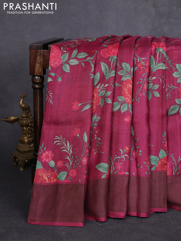 Pure tussar silk saree wine shade with allover floral prints & mirror work and cut work pallu