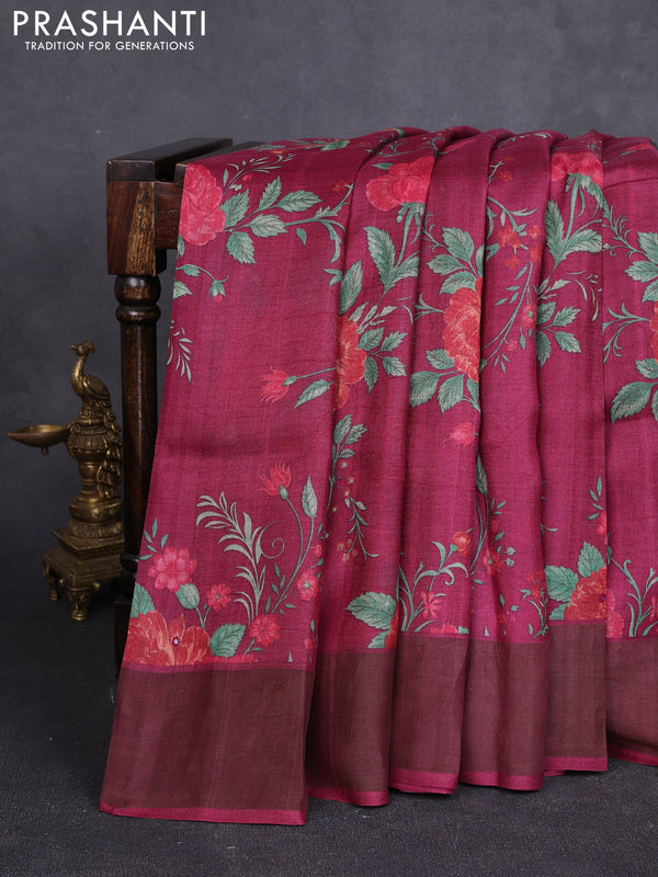 Pure tussar silk saree wine shade with allover floral prints & mirror work and cut work pallu