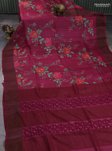 Pure tussar silk saree wine shade with allover floral prints & mirror work and cut work pallu