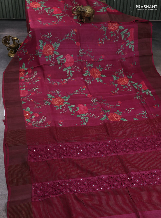 Pure tussar silk saree wine shade with allover floral prints & mirror work and cut work pallu