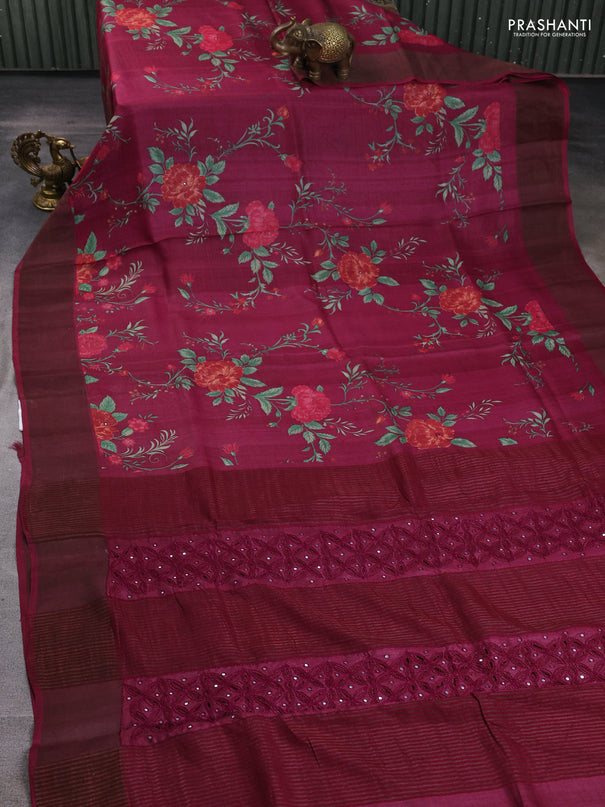 Pure tussar silk saree wine shade with allover floral prints & mirror work and cut work pallu