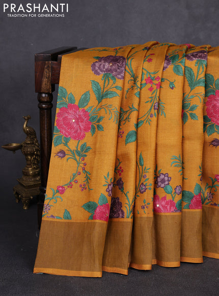 Pure tussar silk saree mustard yellow with allover floral prints & mirror work and cut work pallu