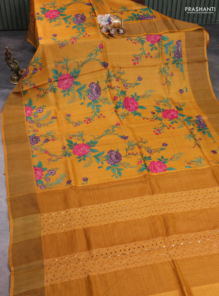 Pure tussar silk saree mustard yellow with allover floral prints & mirror work and cut work pallu