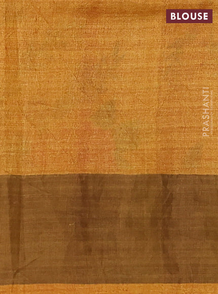 Pure tussar silk saree mustard yellow with allover floral prints & mirror work and cut work pallu